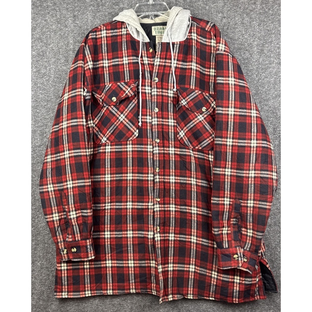 Ozark Trail Men's Hooded Jacket Flannel Plaid 2 XLT Button Up‎ Pockets Vintage